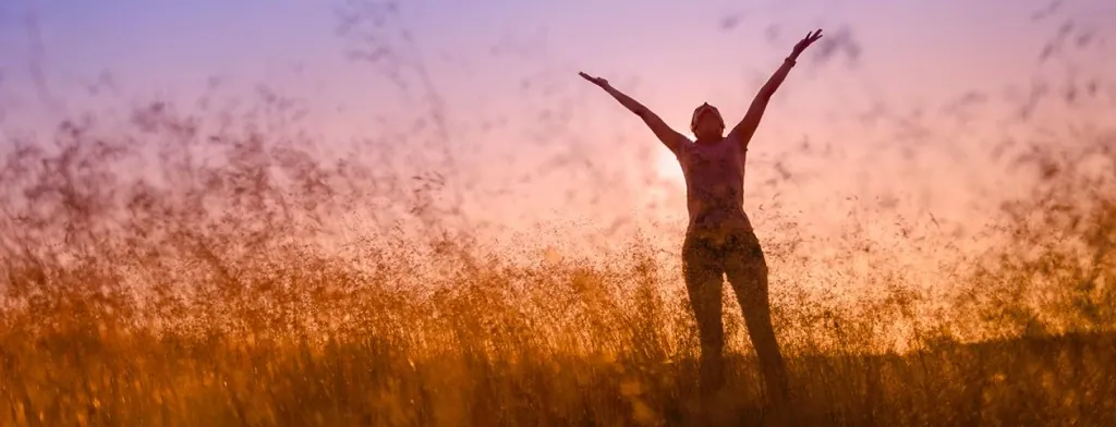 Person standing in a field with arms raised at sunset
