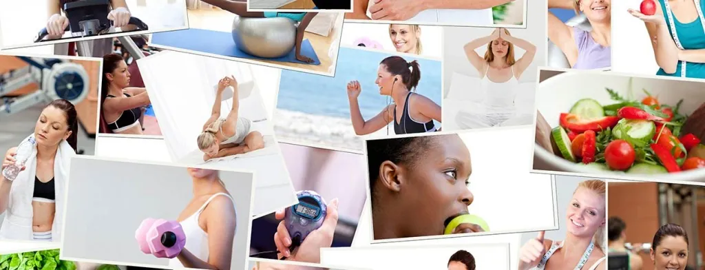 Collage of exercise, food and wellness images