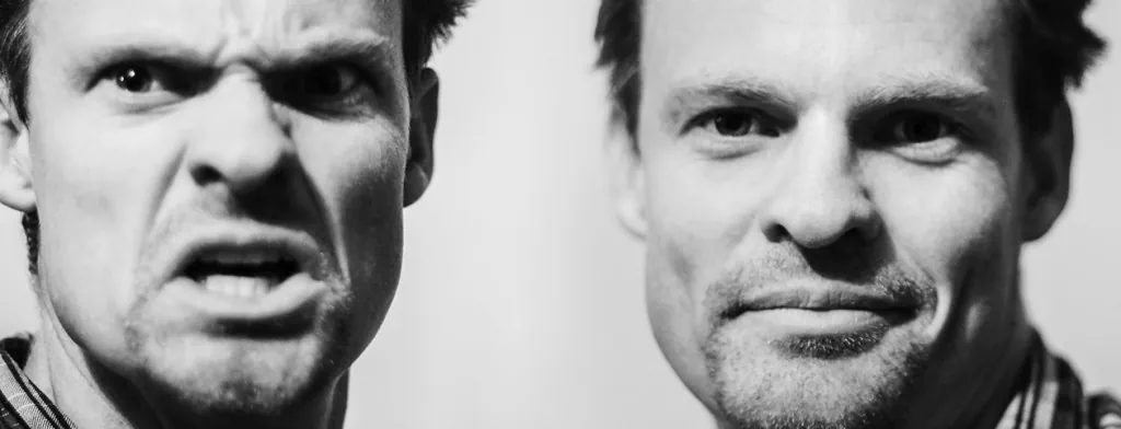 Two portraits of a man with different facial expressions