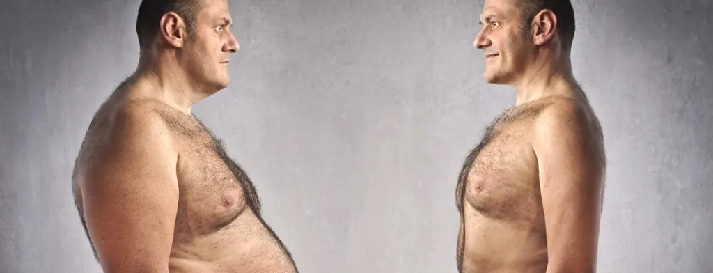 Side-by-side photographs illustrating a change in body size