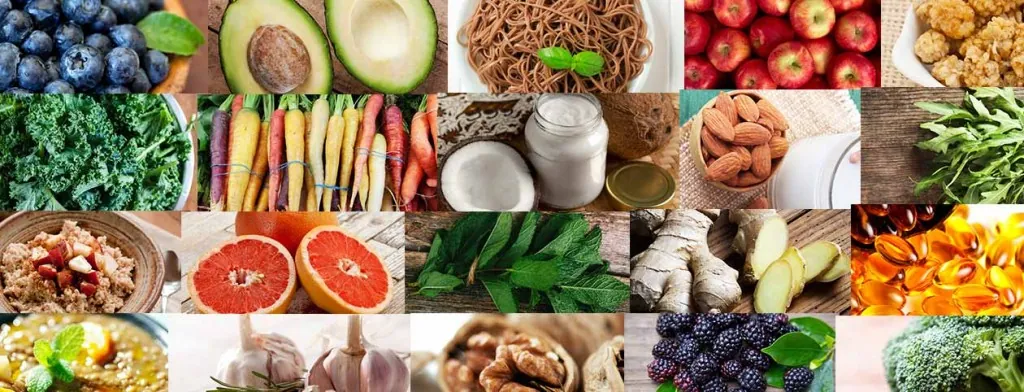 Collage of fruits, vegetables and other foods