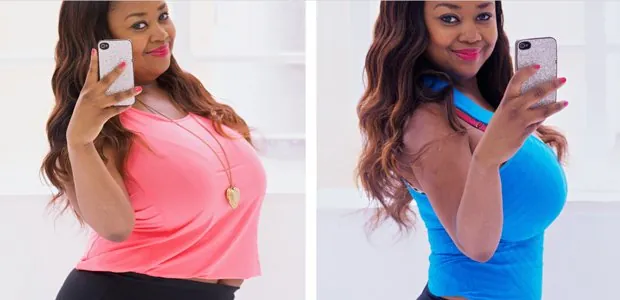 Side-by-side photographs of a woman wearing workout clothes