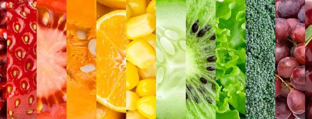 Rows of colorful fruits and vegetables