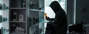 Hooded person searching through a cabinet