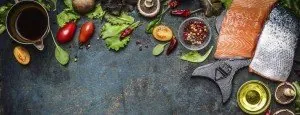 Assorted vegetables, fish and other foods