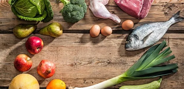 Assorted vegetables, fish, meat and eggs
