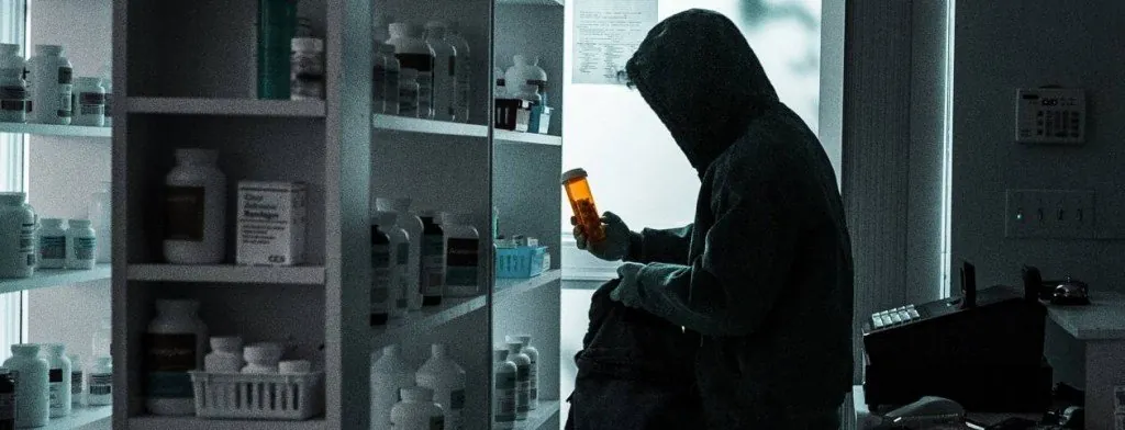 Hooded person searching through a cabinet