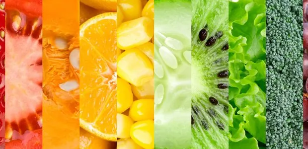 Colorful rows of fruits and vegetables
